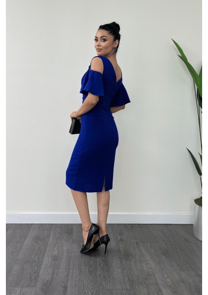 Atlas Kumaş Büzgü Detaylı Kalem Elbise - Saks Mavi indirimleri