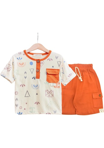 Müslin Etnik Desen Cep Detaylı Tshirt Şortlu Erkek 2 Li Takım - Oranj