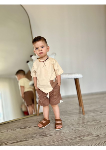 Müslin Tshirt Şortlu Erkek 2 Li Takım - Kahve