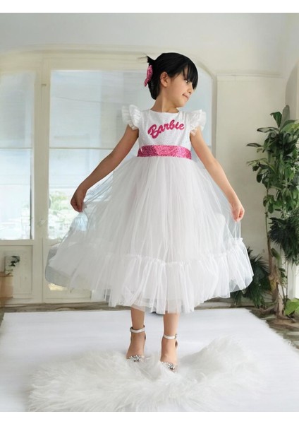 Pul Payet Barbie Kız Çocuk Arkası Fiyonklu Abiye - Beyaz