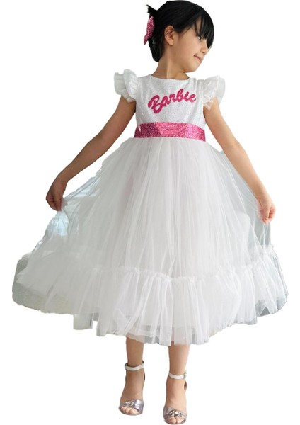 Pul Payet Barbie Kız Çocuk Arkası Fiyonklu Abiye - Beyaz fiyatları