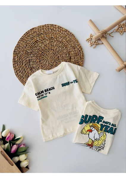 Surf Year Arka ve Ön Baskılı Unisex Tşört - Bej