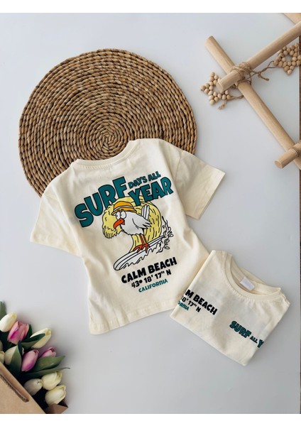 Surf Year Arka ve Ön Baskılı Unisex Tşört - Bej fiyatları