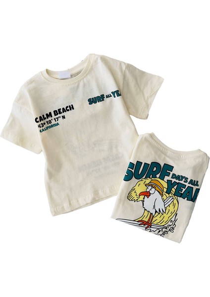 Surf Year Arka ve Ön Baskılı Unisex Tşört - Bej modelleri