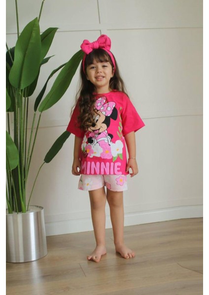 Mnn Puantiye Çiçek Desen Yazlık Kız Çocuk 2 Li Takım Fuşya