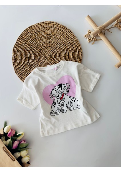 Dalmaç Kalp Baskılı Kız Çocuk Tşört - Krem