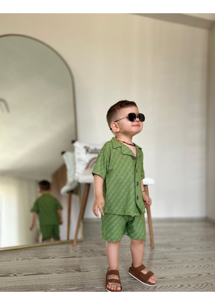Müslin Baklava Desen Düğmeli Şortlu Erkek 2 Li Takım - Haki fiyatları