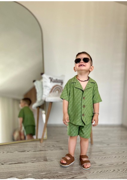Müslin Baklava Desen Düğmeli Şortlu Erkek 2 Li Takım - Haki modelleri