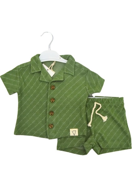 Müslin Baklava Desen Düğmeli Şortlu Erkek 2 Li Takım - Haki fırsatları