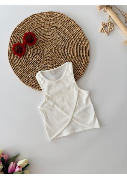 Asimetrik Kesim Kız Çocuk Crop - Beyaz