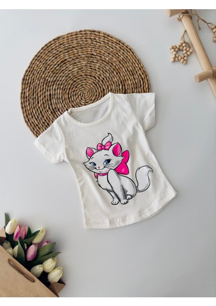 Sevimli Kedicik Kız Çocuk Tşört- Krem