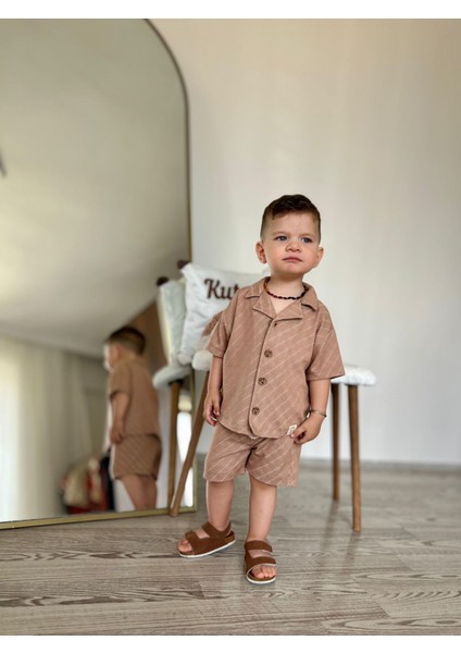 Müslin Baklava Desen Düğmeli Şortlu Erkek 2 Li Takım - Kahverengi indirimleri