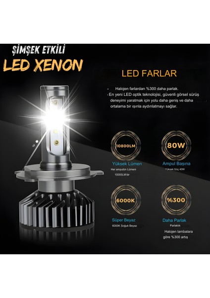 Fiat Punto 2006-2017 Uzun - Kısa Far Uyumlu Şimşek Etkili Led Xenon Premium Series H4