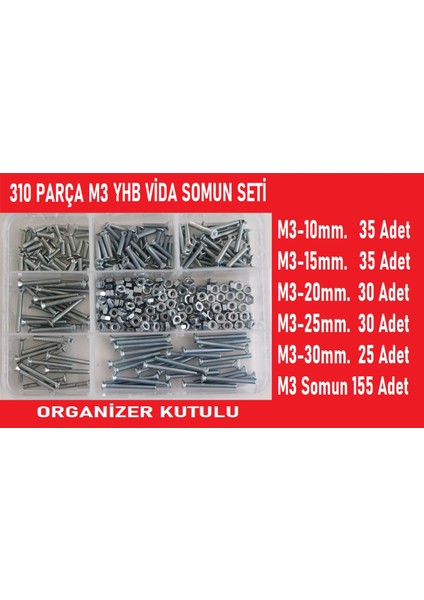 M3 Yhb Vida Somun SETI-310 Adet-Metrik 3mm-Boy 10-15-20-25-30 mm Organizer Kutulu