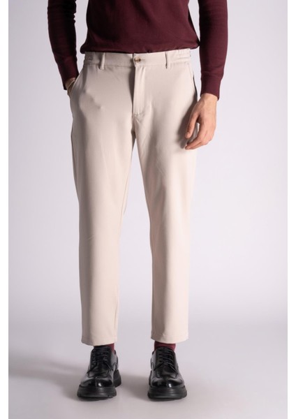 Beli Yarım Lastikli Slim Fit Chino Crop Pantalon Bej