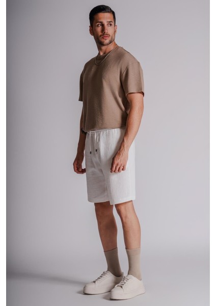 Erkek Yandan Cepli Beli Lastikli Dokulu Kumaş Relaxed Fit Jogger Şort Ekru