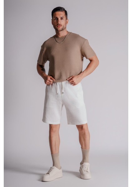 Erkek Yandan Cepli Beli Lastikli Dokulu Kumaş Relaxed Fit Jogger Şort Ekru fiyatları