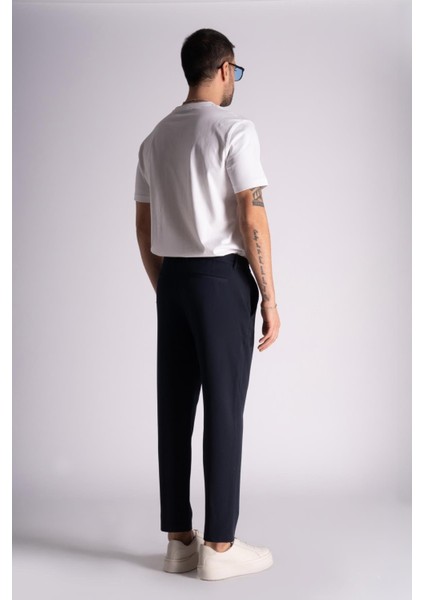 Beli Yarım Lastikli Slim Fit Chino Crop Pantalon Lacivert