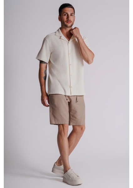 Erkek Yandan Cepli Beli Lastikli Keten Görünümlü Relaxed Fit Chino Şort Vizon