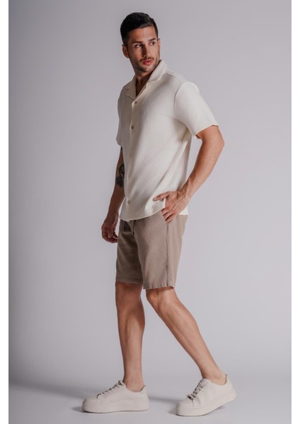 Erkek Yandan Cepli Beli Lastikli Keten Görünümlü Relaxed Fit Chino Şort Vizon fiyatları