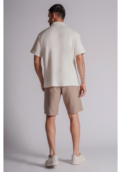Erkek Yandan Cepli Beli Lastikli Keten Görünümlü Relaxed Fit Chino Şort Vizon modelleri