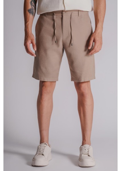 Erkek Yandan Cepli Beli Lastikli Keten Görünümlü Relaxed Fit Chino Şort Vizon fırsatları