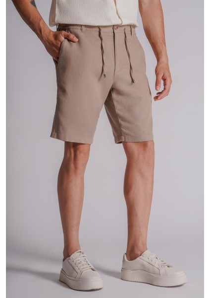 Erkek Yandan Cepli Beli Lastikli Keten Görünümlü Relaxed Fit Chino Şort Vizon indirimleri