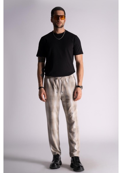 Slim Fit Jogger Bel Pantolon  Ekose Bej