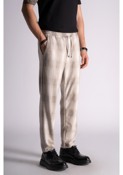 Slim Fit Jogger Bel Pantolon  Ekose Bej