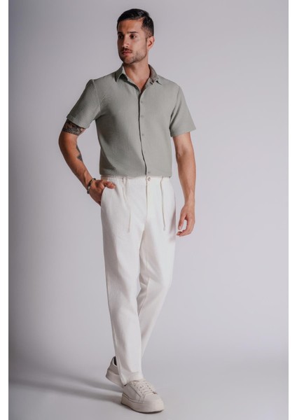 Erkek Yandan Cepli Beli Lastikli Keten Karışımlı Relaxed Fit Ekru modelleri