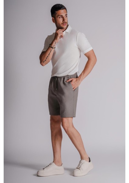 Erkek Yandan Cepli Beli Lastikli Keten Dokulu Relaxed Fit Jogger Şort Haki fiyatları