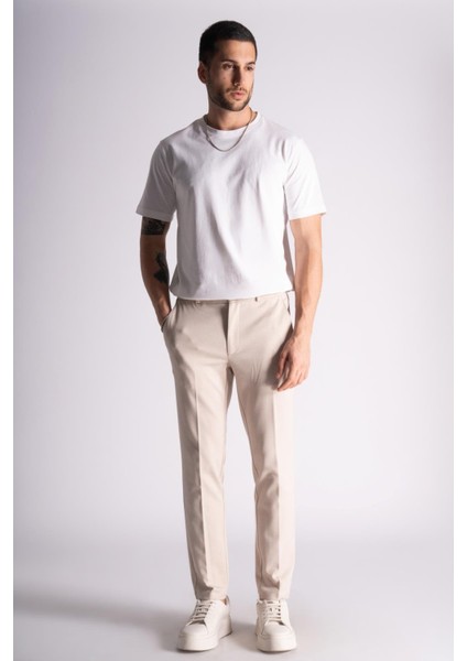Yan Lastikli Slim Fit Chino Pantalon Bej