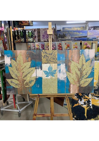 Gold Sim Işlemeli Iki Modern Yaprak Kanvas Tablo