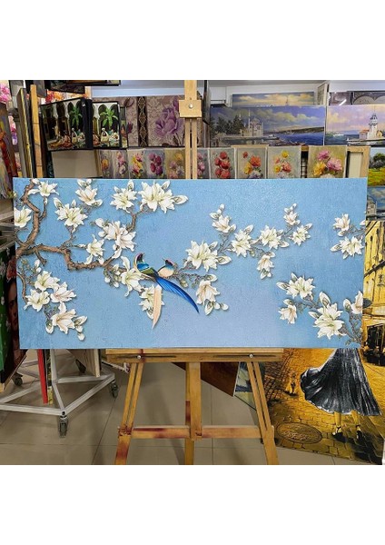 Beyaz Bahar Dalları ve Kuşlar Kanvas Tablo