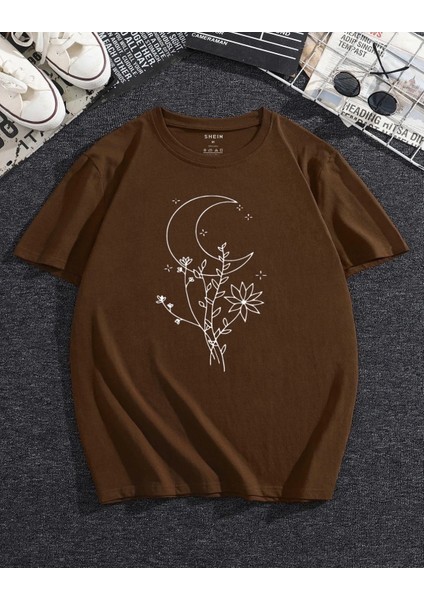 Büyük Beden Özel Tasarım Moon Flowers Baskılı Oversize Modern Kadın Battal T-Shırt