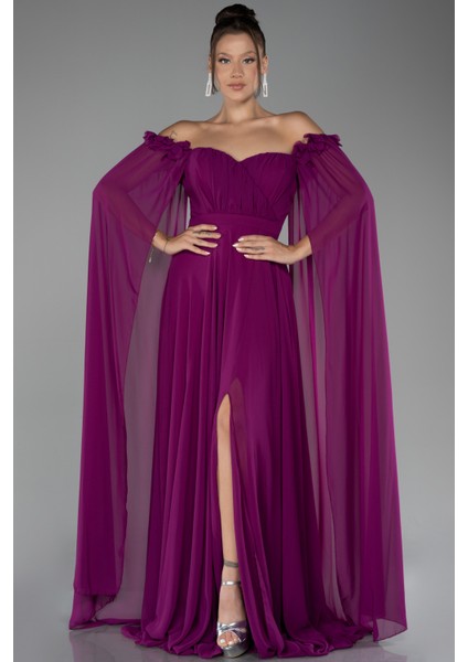 Kayık Yaka Bacak Dekolteli Uzun Şifon Abiye ABU3462