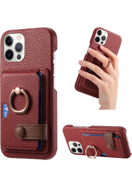 IPhone 12 Için Kılıf Pro Max Halka Standı Premium Dokulu Deri Kart Yuvaları (Yurt Dışından)