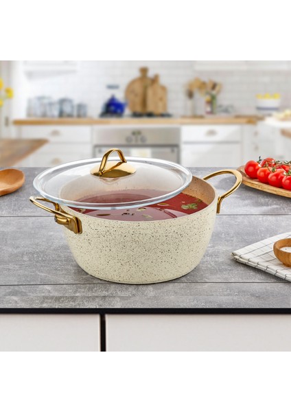 20 cm Cream Ezme Seri Derin Tencere, Non-Stick Derin Tencere 2,35 Lt (Gold Çelik Kulp)