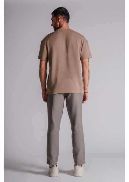Erkek Yandan Cepli Beli Lastikli Keten Dokulu Relaxed Fit Jogger Pantolon Haki modelleri