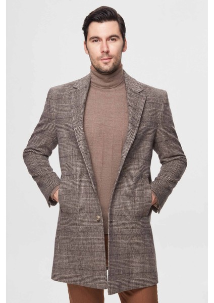 Slim Fit Kahverengi Tek Yırtmaçlı Ekose Desenli Yünlü Palto