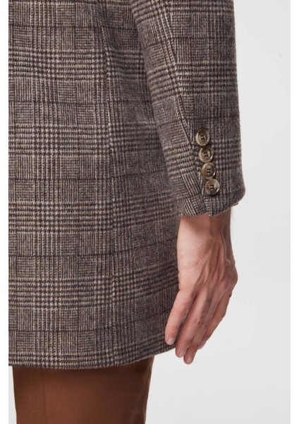 Slim Fit Kahverengi Tek Yırtmaçlı Ekose Desenli Yünlü Palto fırsatları