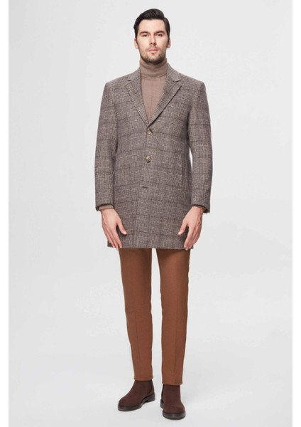 Slim Fit Kahverengi Tek Yırtmaçlı Ekose Desenli Yünlü Palto indirimleri