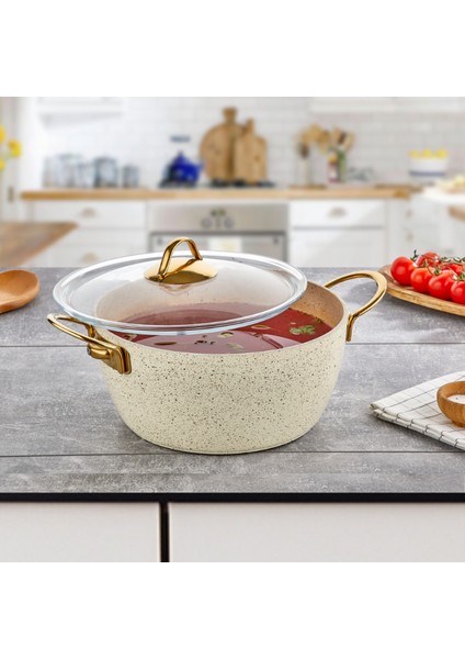 30 cm Cream Ezme Seri Derin Tencere 7 Lt (Gold Çelik Kulp)