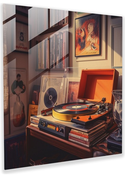 Retro Müzik Köşesi Cam Baskı - Retro, Vinil Plak, Modern Sanat, Ev Dekorasyonu, 30X30