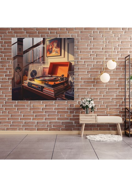 Retro Müzik Köşesi Cam Baskı - Retro, Vinil Plak, Modern Sanat, Ev Dekorasyonu, 30X30 fiyatları