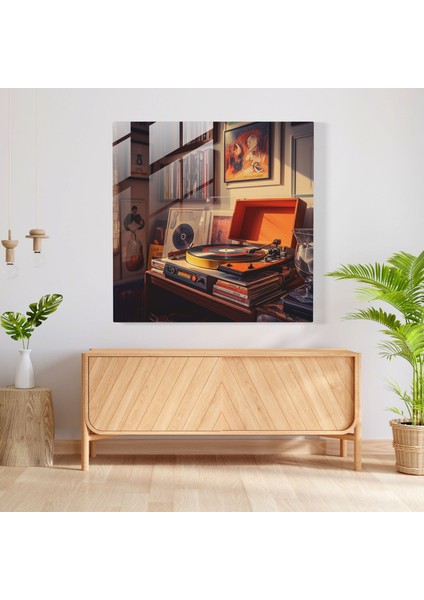 Retro Müzik Köşesi Cam Baskı - Retro, Vinil Plak, Modern Sanat, Ev Dekorasyonu, 30X30 modelleri