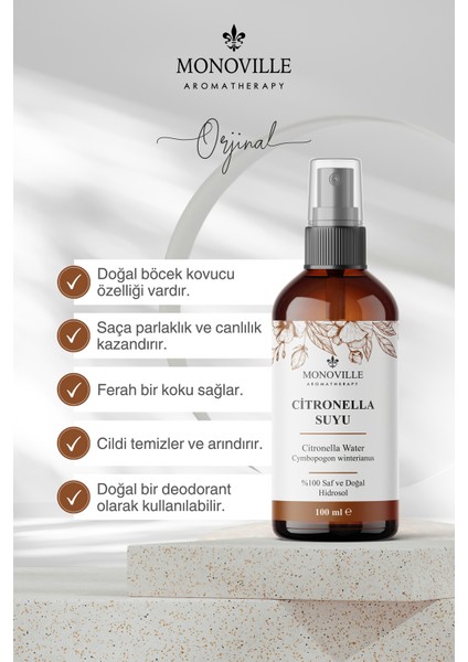 Citronella Suyu %100 Doğal Ve Saf Tonik 100 ml (CİTRONELLA WATER)