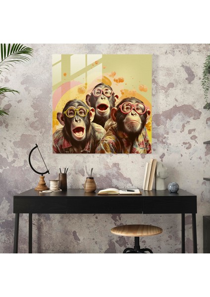 3 Maymun Kolaj Cam Baskı - 3 Maymun, 3 Maymun, Modern Sanat, Cam Baskı, 30X30
