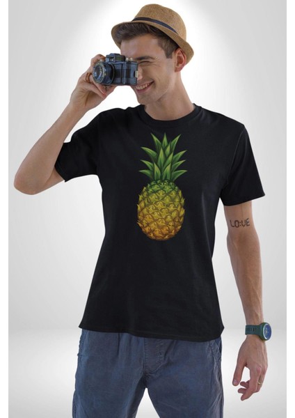 Ananas Meyve Kadın Erkek Unisex Siyah Organik Baskılı T-Shirt Penye Yüksek Kalite