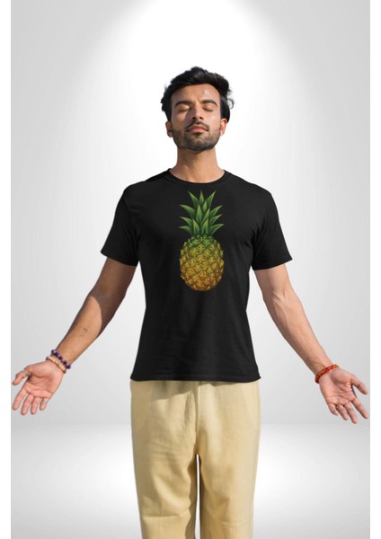 Ananas Meyve Kadın Erkek Unisex Siyah Organik Baskılı T-Shirt Penye Yüksek Kalite